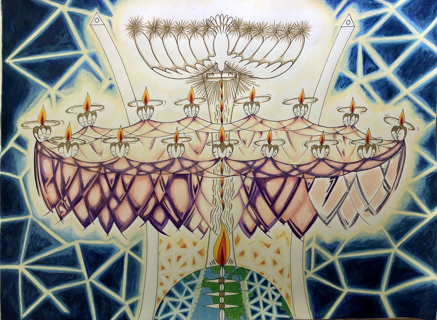 Channeled spiritual artwork — winged figure with candles over geometric mandala